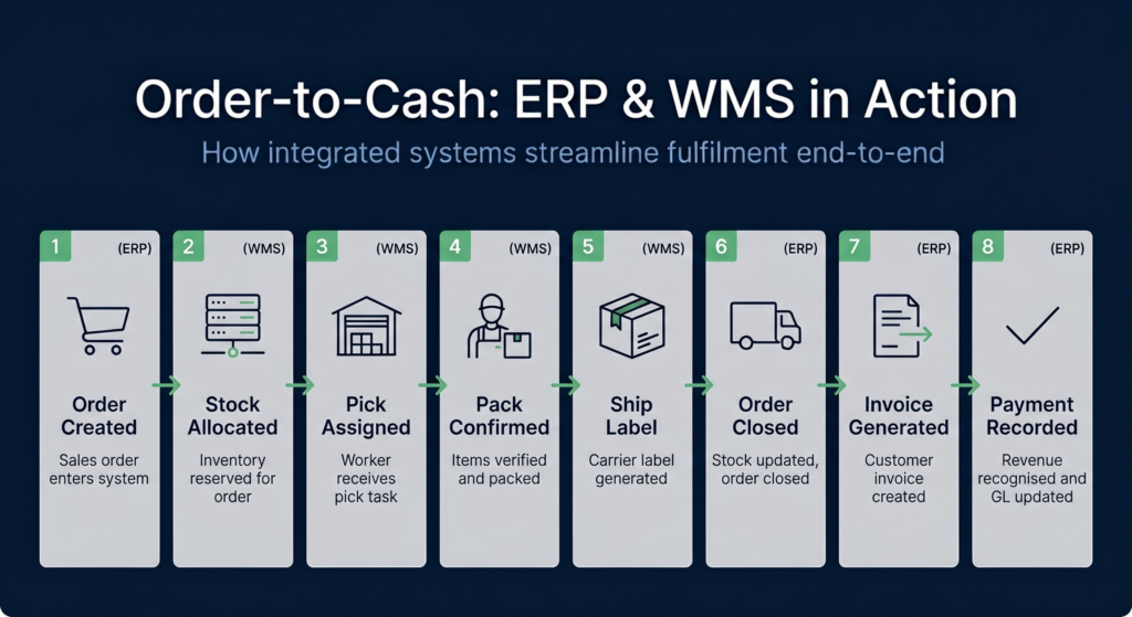Flow diagram showing order-to-cash process spanning erp and wms systems with steps for order creation, inventory allocation, picking, packing, shipment, and invoicing across both platforms